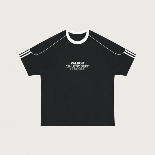Valkor 97 Color Block Tee in black with white details, front view